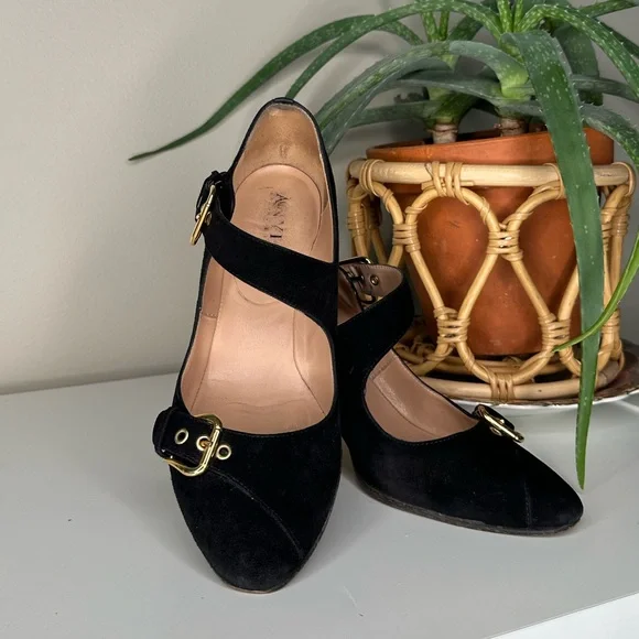 Anyi Lu Black Suede Heels 37 | Mary Jane Pumps with Gold Buckles | Made in Italy - Picture 2 of 13